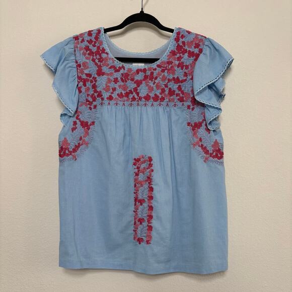 J marie Tops - J Marie Embroidered Raelyn Top Blue Pink Flutter Sleeves Size M